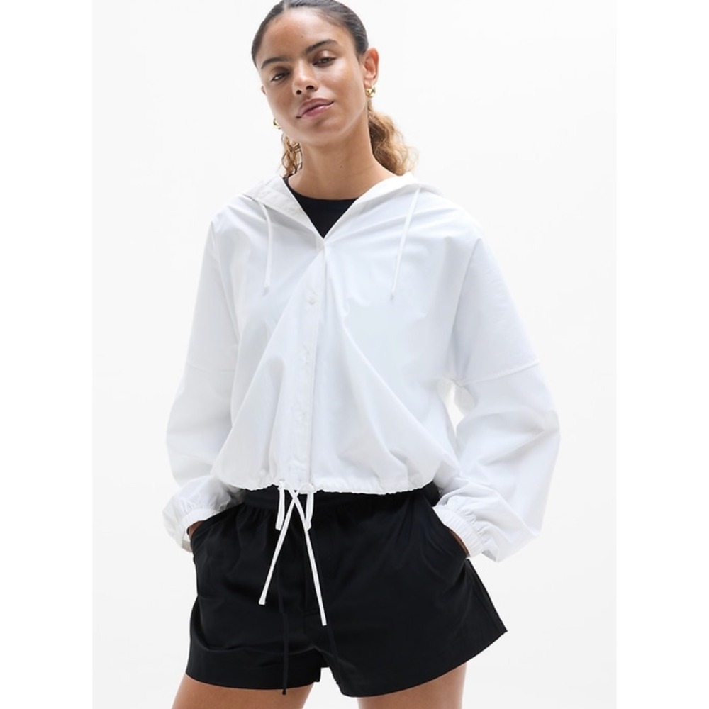 Athleta Drift Poplin Jacket Womens L White Hooded Button Front Utility Light